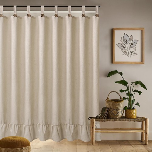 Linen Button Farmhouse Shower Curtain with Ruffle Beige Shower Curtains for B... - Picture 6 of 6
