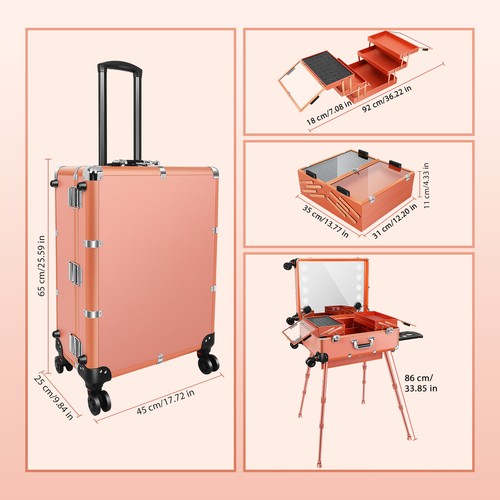 Rolling Cosmetic Case 24'' 8 Led Makeup Train Case with Mirror Stand (Rose Gold) - Picture 6 of 8