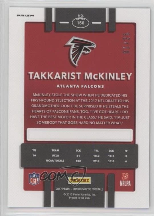 2017 Donruss Optic Rookies Black Prizm /25 Takkarist McKinley #150 Rookie RC - Image 2 of 2