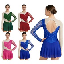 Women's Floral Lace Dress Lyrical Dance Costumes with Rhinestone Skirt Leotard