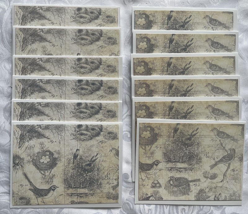Set Of 12 TOILE blue and white Handcrafted BIRD Notecards