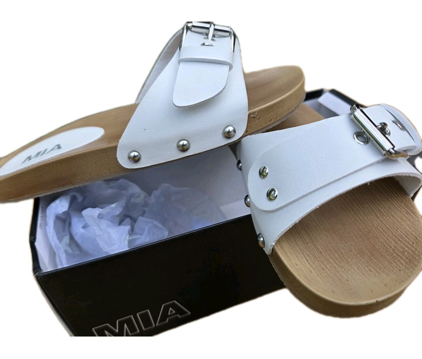 APL Sandalo MIA Thia Bona fibbia Y2K BOHO anni 70 zoccolo slide 7 borchie bianco suola finto legno
