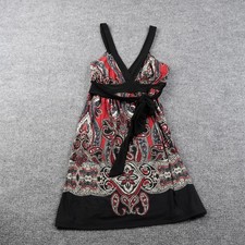 21 Dress Womens Small Red Black Paisley Print Sleeveless V Neck Tie Waist USA