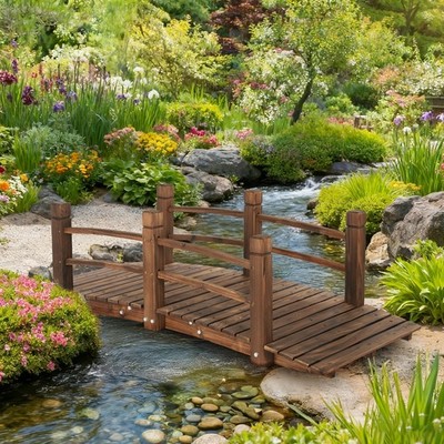 5 FT Wooden Garden Bridge Outdoor Arc Footbridge with Side Railings Pond Bridges