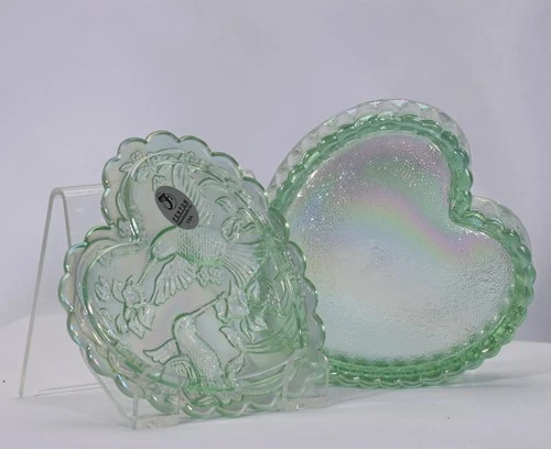 Fenton Heart Trinket Box w/ Lid Seafoam Green Iridescent Glass Hummingbirds 1990