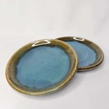 2 Vintage Brock California Rustic Pottery 6" Plate & Saucer Teal Brown Drip USED