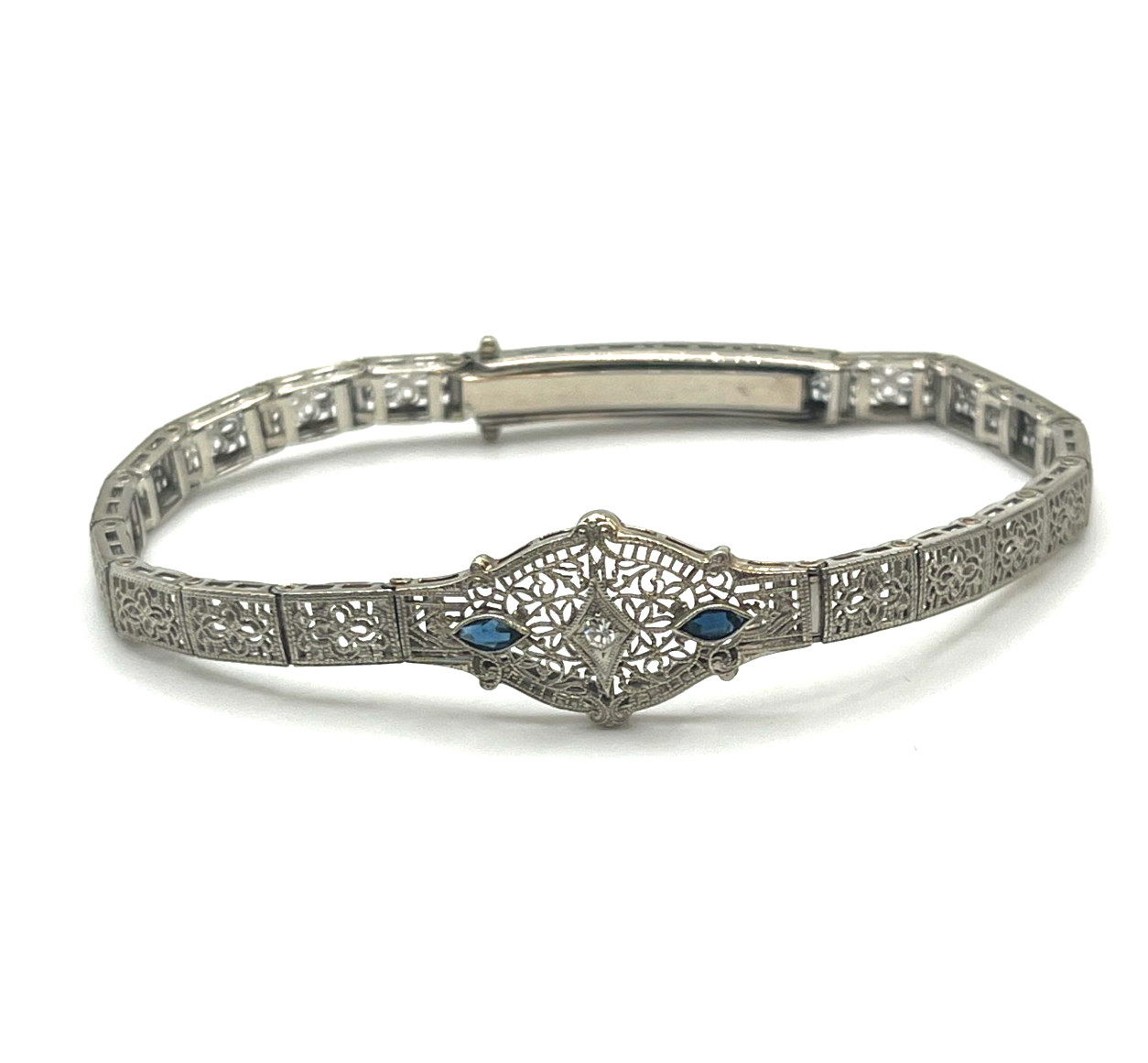 10k White Gold Bracelet Sz 6 1/2 Art Deco Diamond & Glass Filigre 1920 Tested 8g