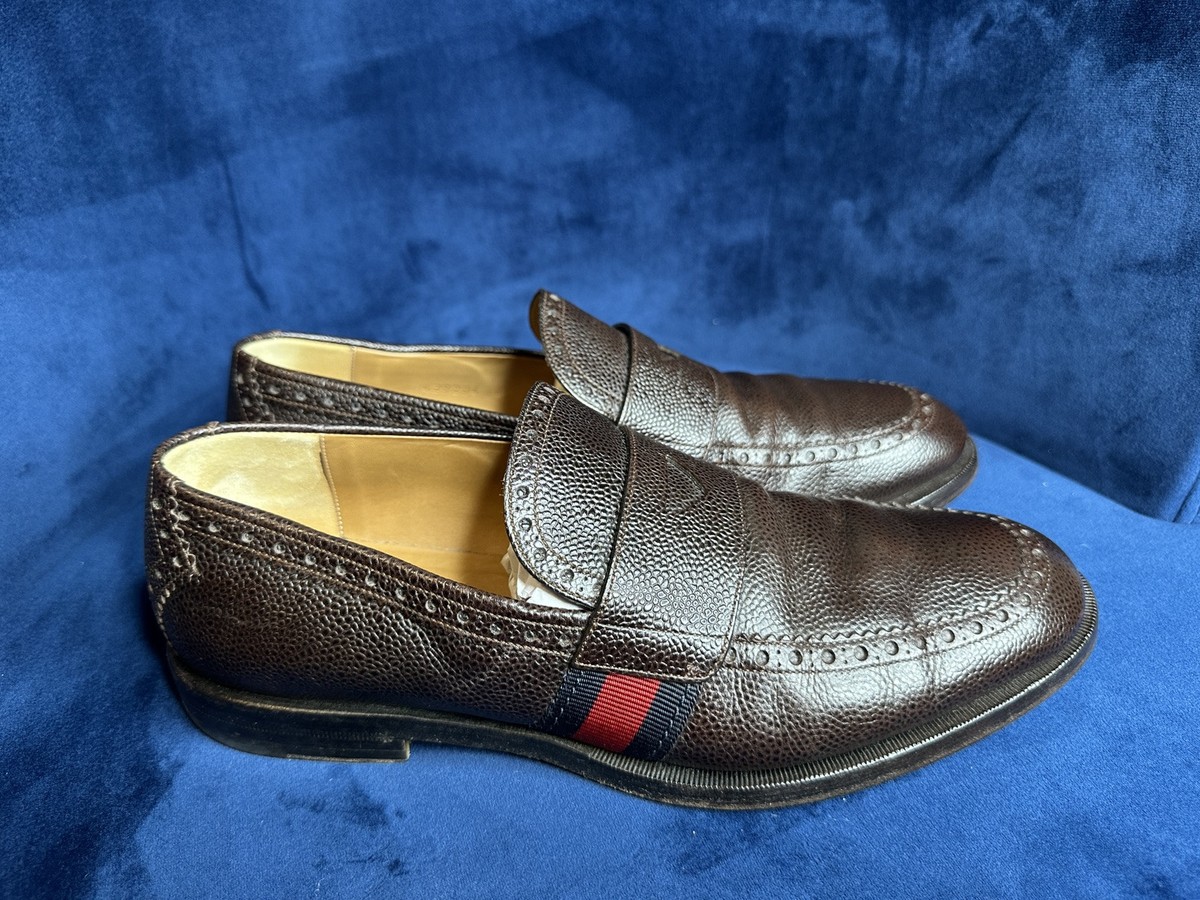 NEW Gucci Chocolate Embossed Leather Penny Loafers with Web Accent Gucci Web Accent Brown Leather Shoes Gucci Size 8/US 8.5  main image 4