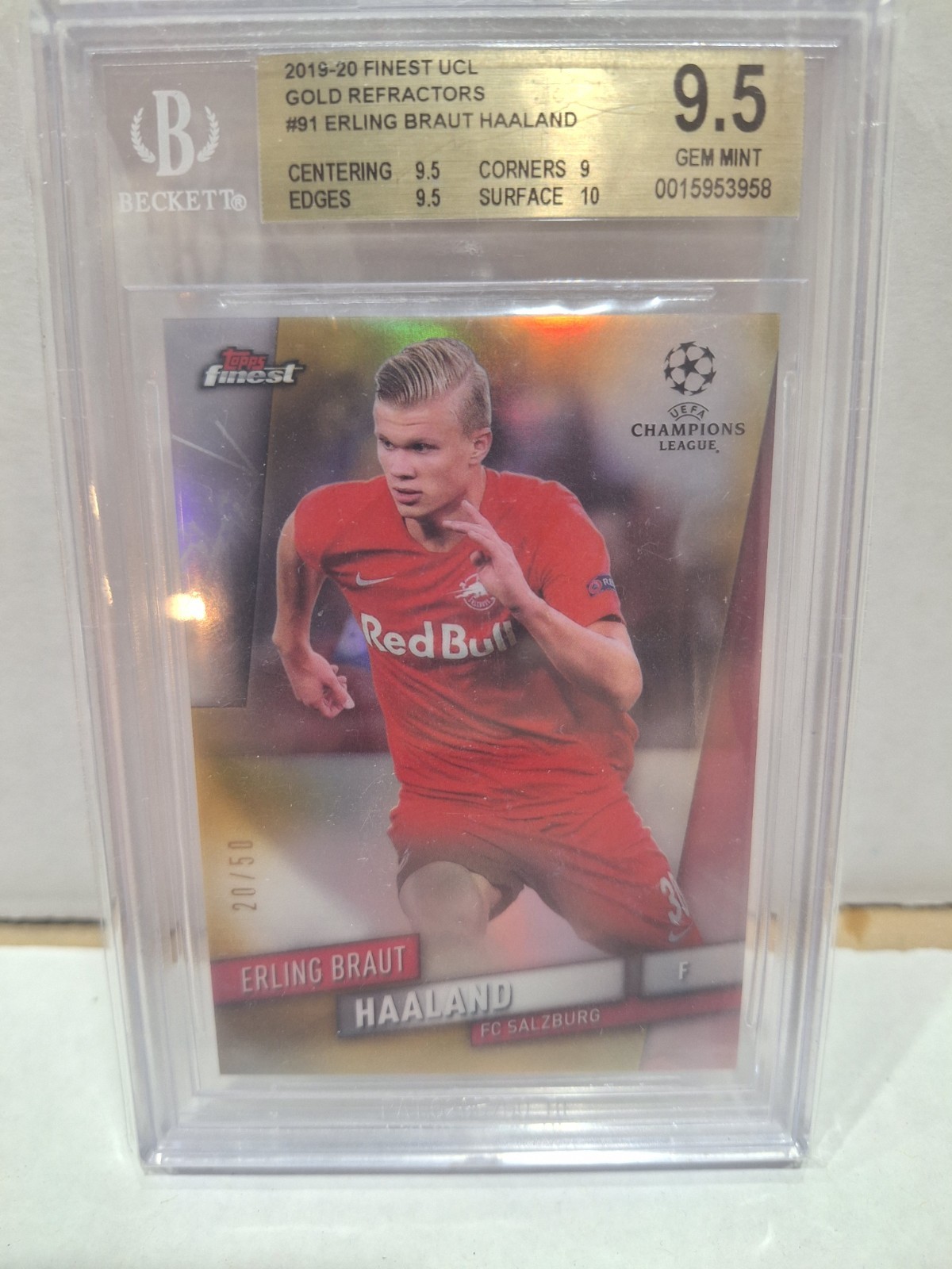 2019 Topps Finest UCL Erling Haaland Gold Refractor Rookie /50 #91 BGS 9.5 Gem