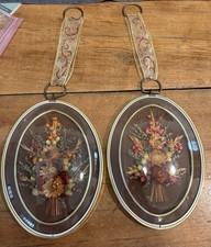 Pair Handmade Vtg Belgium Wall Art Dried Flowers Convex Domed Glass Frame 9 X 6  
