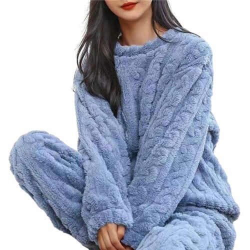 Damen Fleece Pyjama Set weich warm Rundhalsausschnitt Oberteil Hose Loungewear Nachtwäsche USA - Bild 19 von 30