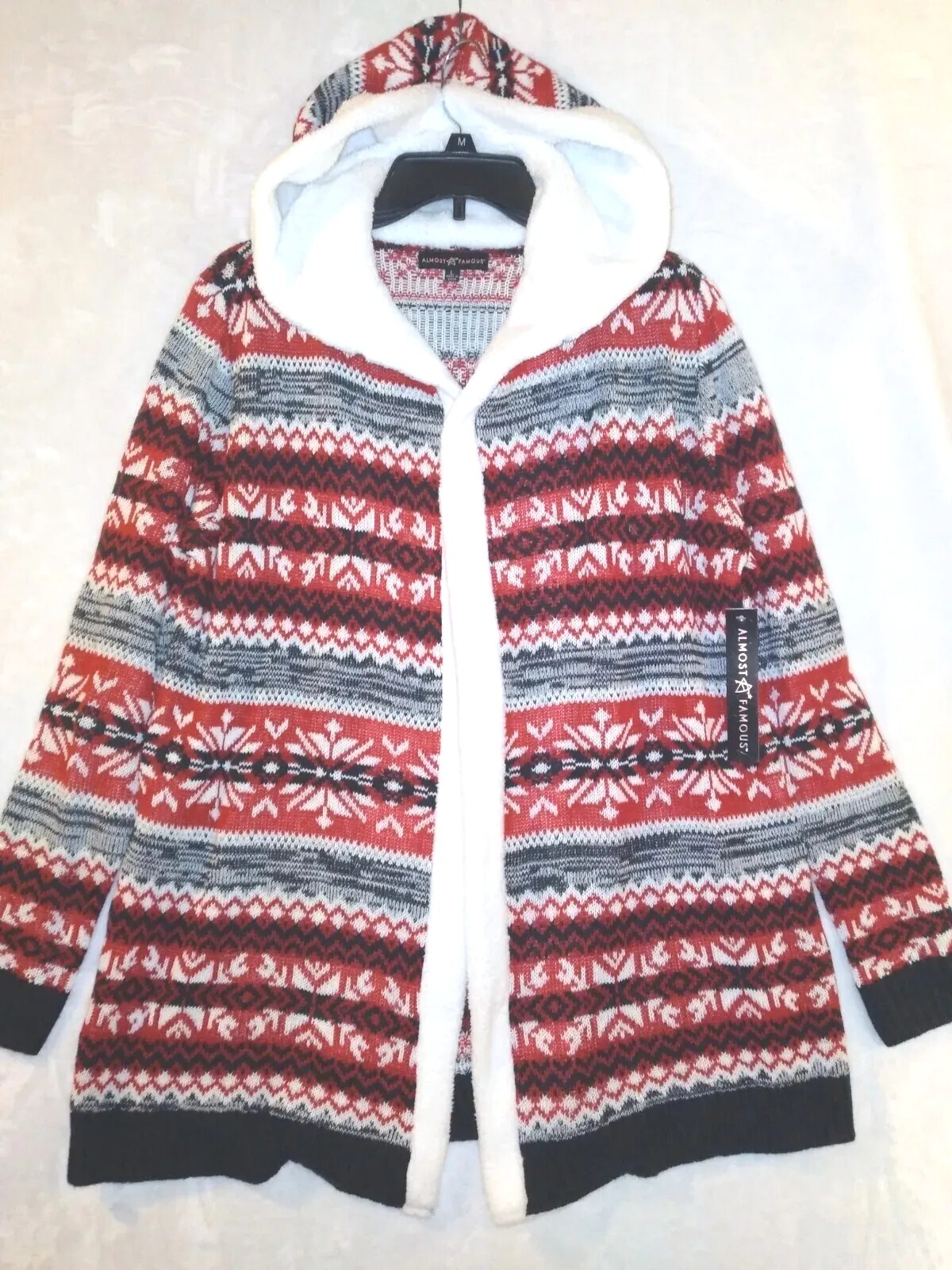 ALMOST FAMOUS Women's Large Open Faux Sherpa Nordic Hooded Cardigan Sweater  NWT
