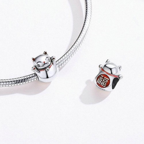 Sterling Silver 925 Charm Lucky Cat Maneki Japanese Bead Family Friend Travel - Picture 3 of 4