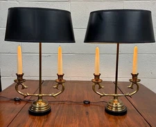 Vintage French Regency Style Brass Bouillotte Tole Table Lamps with Candles