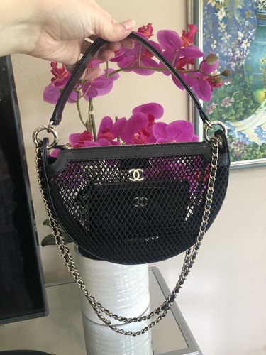 New 25S CHANEL Black Mini Hobo SLG See Through Net Bag & Pouch Gold Hardware ๐