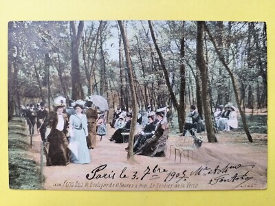 Postkarte geschrieben 1907 PARIS le BOIS de BOULOGNE von 11 Uhr. bis Mittag SENTIER de la TUGEND