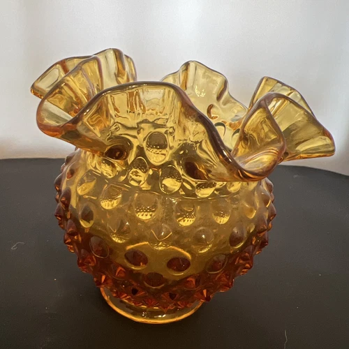 Fenton Art Glass Amber Hobnail 4”x5" Ruffled Top Vase Bowl