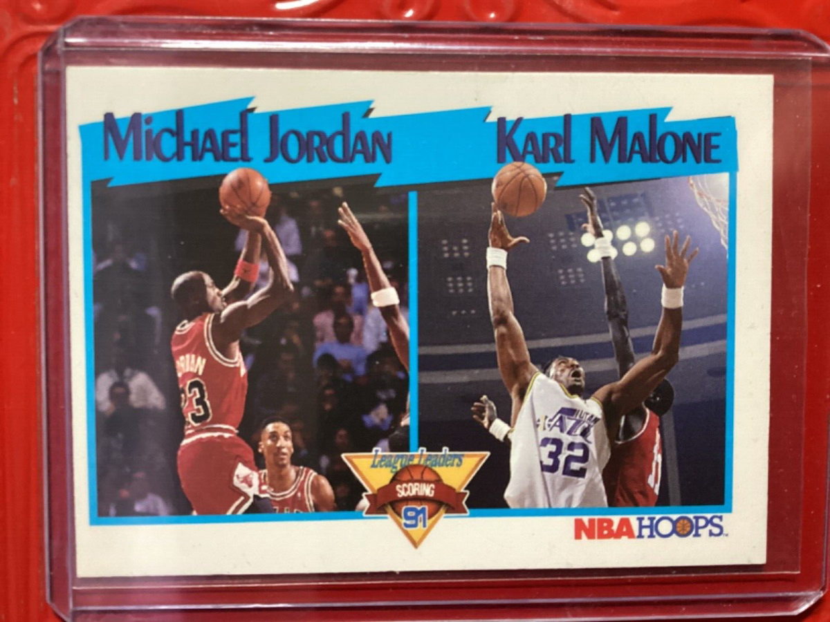 rare michael jordan basketball cards arizona 1991-92 NBA Hoops Michael Jordan Karl Malone League Leaders #306 Bulls Jazz  HOF