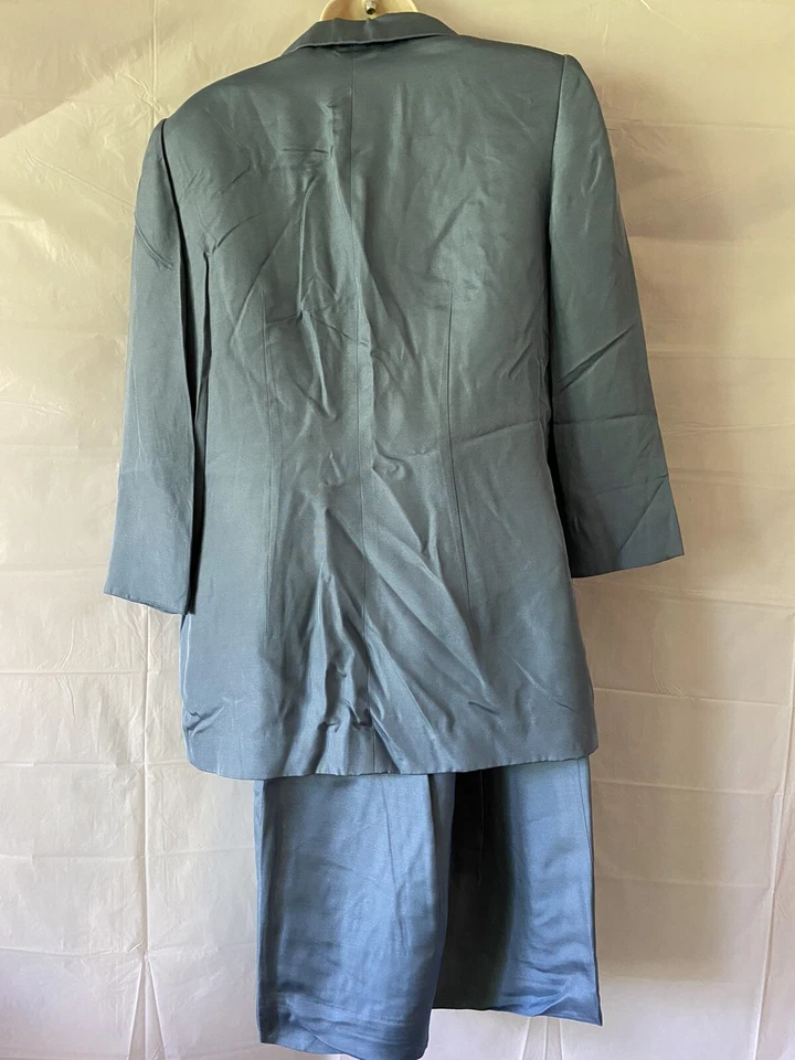 De Colección Y2K Dana Buchman Falda Traje 8 Azul Seda Mezcla Lana Frente Abierto Chaqueta Clásica Foto 3 de 4