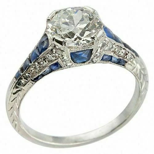 Art Deco 2.35CT Round Lab-Created Diamond & Blue Sapphire Engagement Silver Ring