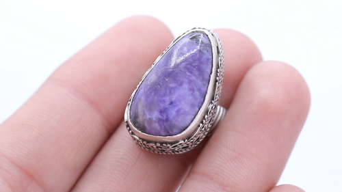 Anello Dichiarativo In Charoite In Argento Sterling 925 Fatti A Mano Da Uomo - Video 1 di 1