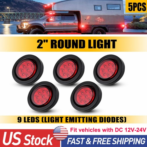5pcs 2" DOT Inch Red Round Trailer 9 LED Marker Lights with Grommet Fit Truck RV