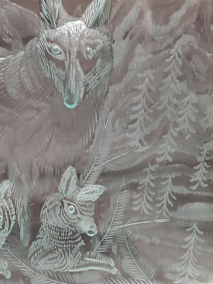 Vintage Signed L. Manta 1993 Etched Glass Panel w/Wolves in Forest - Heavy-