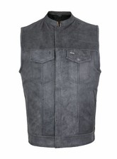 Men's Grey SOA Style Motorcycle Club Vest Naked Distressed Grey Cowhide Leather