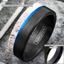 Personalized Black & Blue Tungsten Carbide Men's Ring Deer Antler Wedding Band