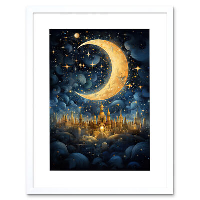 Golden City in the Clouds Surreal Artwork Moon Starry Night Framed Print 12X16