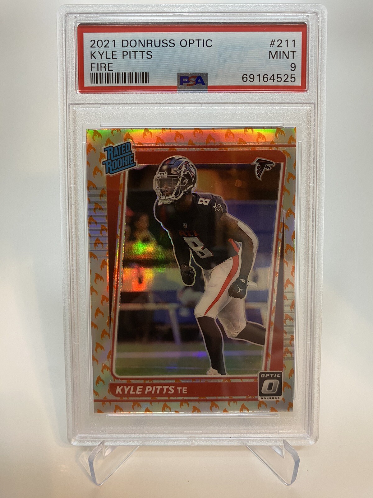 2021 Donruss Optic KYLE PITTS Rated Rookie Fire SSP #211 CASE HIT Falcons PSA 9