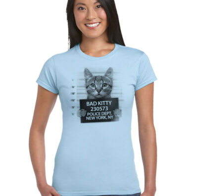 Bad Kitty Womens Funny Cat Mugshot T-Shirt Pussy Kitten Pet Animal