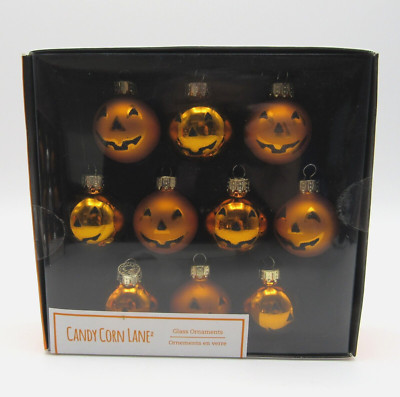 CANDY CORN LANE HALLOWEEN THEMED MINI GLASS ORNAMENTS SET OF 10 BNIB