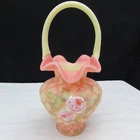 Fenton Burmese Diamond Optic Roses Hand Painted Basket Special Order 2003 W392