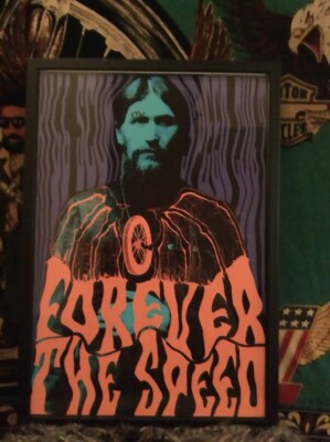 FOREVER THE SPEED rasputin art print gothic retro vintage motorcycle psychedelic