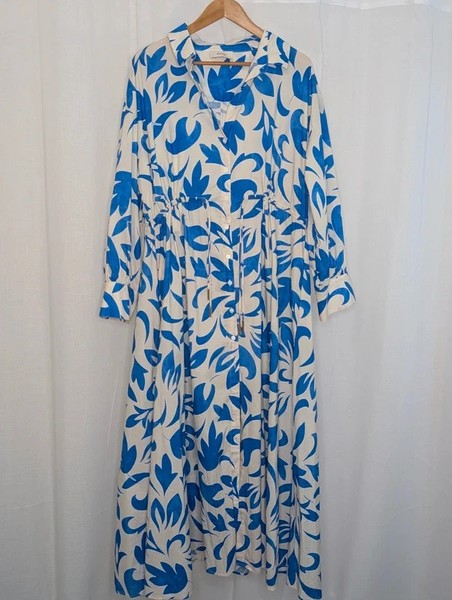 Kinney Isla Shirt Dress Mosaic Blue Size XL 14 100% Cotton Blue White Maxi Dress