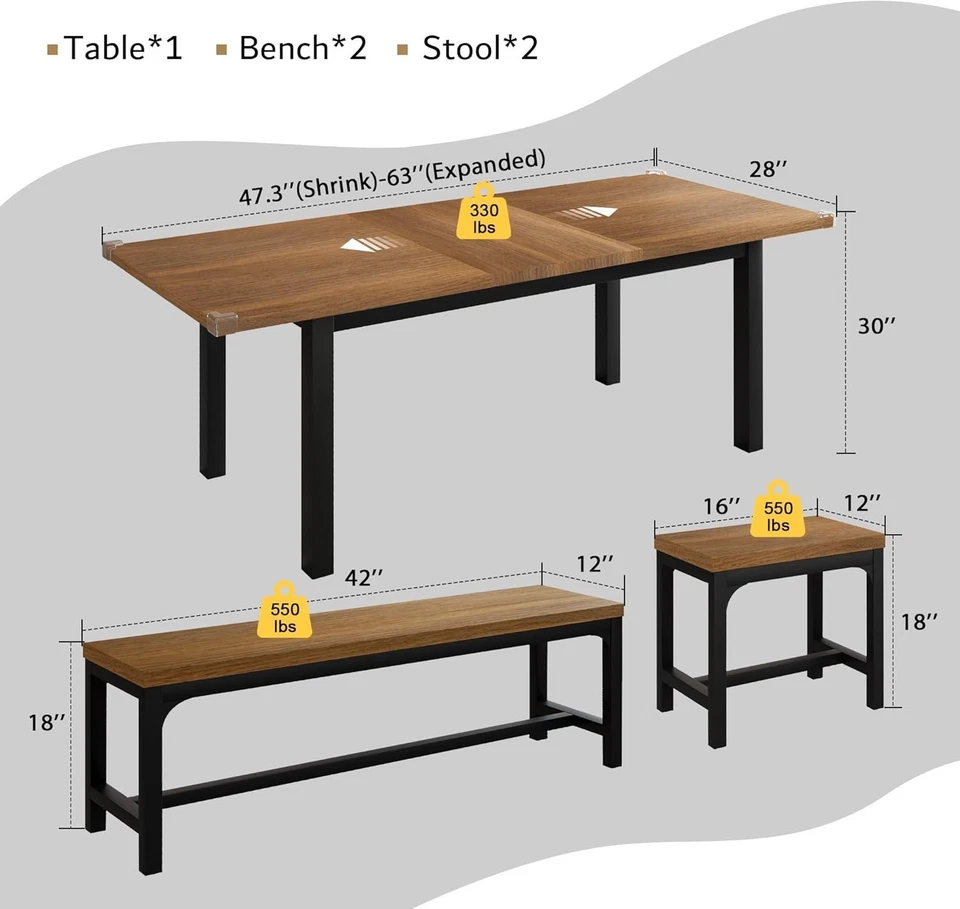5-Piece Dining Table Set for 4-8 People Extendable Kitchen Table Set Square Stoo - Image 2 of 4