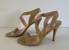 Nine West Patent Nude Beige Ankle Asymmetrical Strap Sandal Heels Sz 8