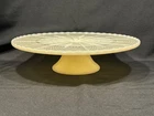 Vintage Anchor Hocking Milk Glass Pedestal Cake Stand Plate With Gold Accents.