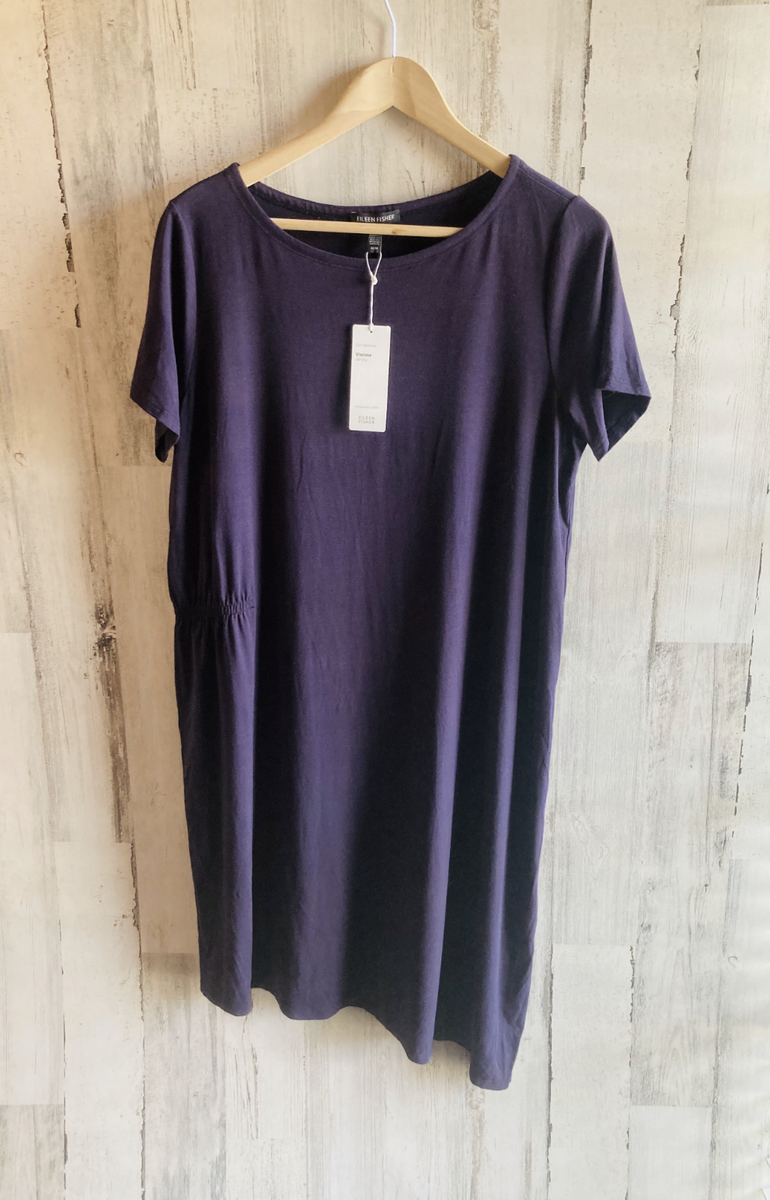 eileen fisher knit dress Eileen Fisher Dress Funnel Neck Ribbed Knit 3/4 Sleeve Graphite Boxy NEW  Size S