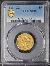 1891-CC $5 Gold Liberty Head Half Eagle - PCGS XF45 - Gold Shield - ✪COINGIANTS✪