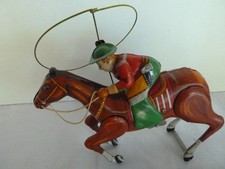 Vintage Tin Litho Key Wind Up Celluloid Cowboy On Horse w/ Lasso