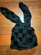Black Faux Fur Check Bunny Ear Flap Beanie Ha...