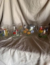 Handpainted Glass Punch Snack Bowl With 3 Tumblers
