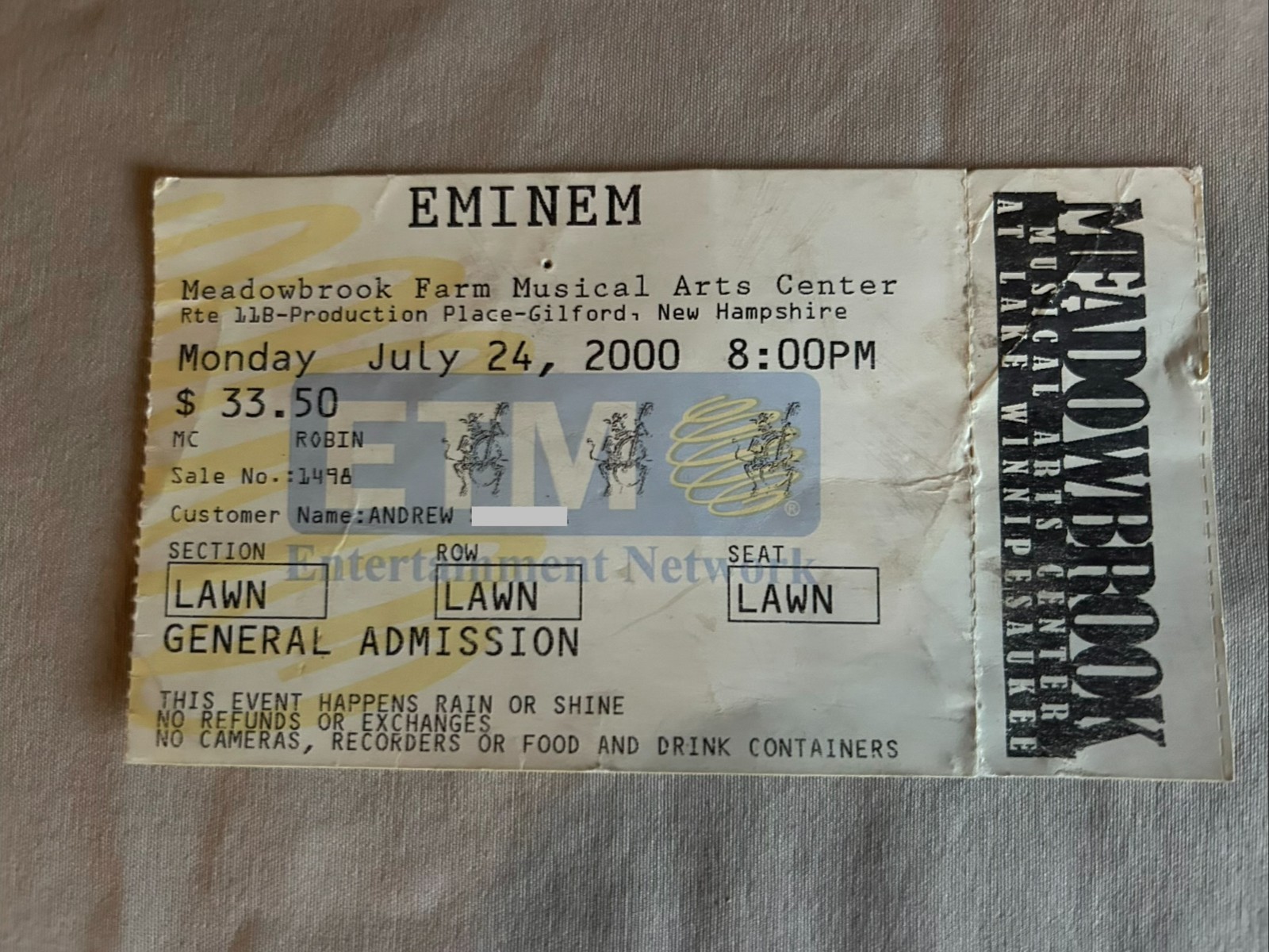 Eminem 7/24/2000 Meadowbrook Farm, Gilford, NH Ticket Stub RARE