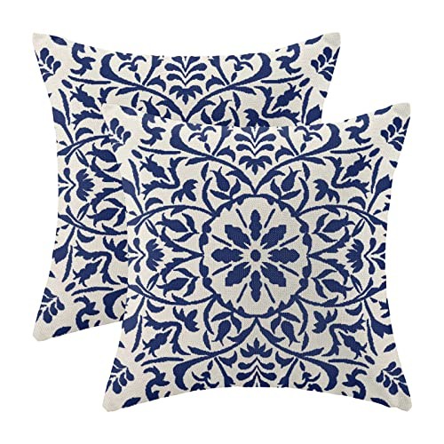 Navy Boho Pillow Covers 18x18 Set of 2, Bohemian 18" x 18" (Pack of 2) Blue