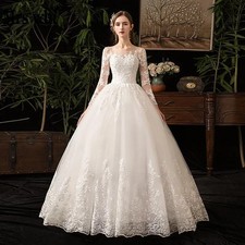 Ball Gown Lace WeddingDresses White/Ivory Applique Long Sleeve BridalGown Custom