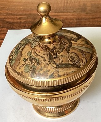 Gold Ceramic Round Trinket Box with Lid Horseback Riding Historical Figures