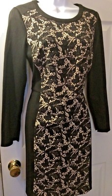 CLUB MONACO Ashton Dress Ponte Knit Black Exposed Zip Leaf Print Floral L/S  Sz 8