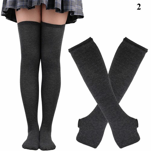 Conjunto de guantes sin dedos a rayas sobre la rodilla hasta el muslo calcetines largos calentador de brazos para mujer - Imagen 12 de 25